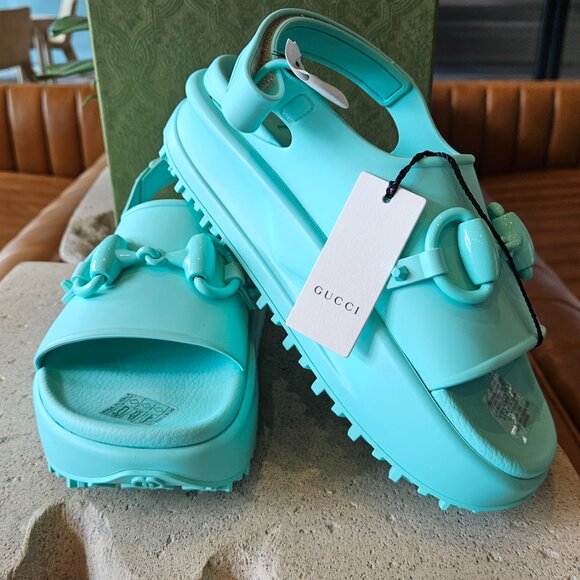 Gucci Horsebit Flatform Sandal 742435 JAAC9 - 4605 Blue Rubber Size 36 New Women - Picture 7 of 7
